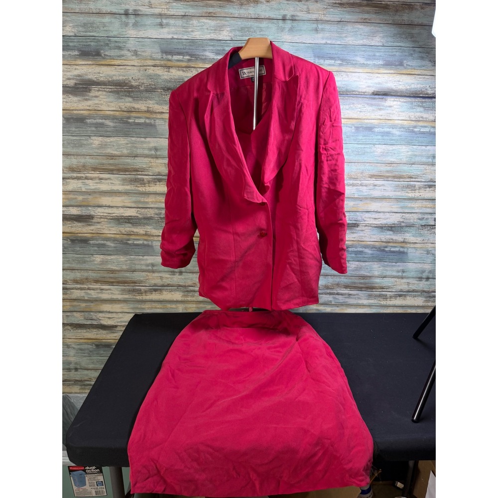 Travis Ayers Skirt Suit Set 14 Pink Excellent Silk Blazer Midi Skirt 2pc Vintage